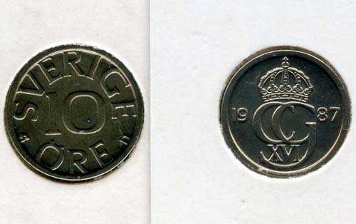Монета 10 эрэ 1987г Швеция