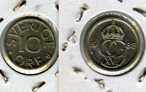 Монета 10 эрэ 1988г Швеция
