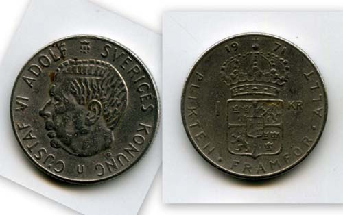 Монета 1 крона 1971г Швеция