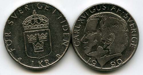 Монета 1 крона 1990г Швеция