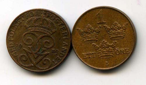Монета 1 эрэ 1939г Швеция