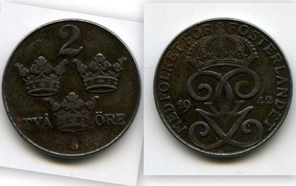 Монета 2 эрэ 1942г Швеция