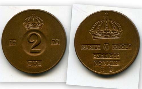Монета 2 эрэ 1970г Швеция