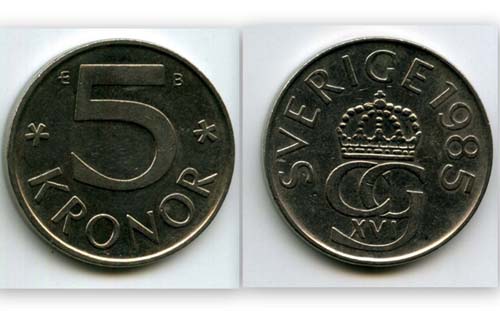 Монета 5 крон 1985г Швеция