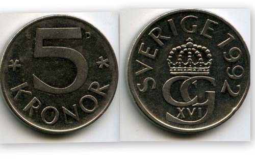 Монета 5 крон 1992г Швеция