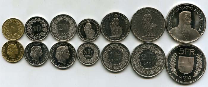 Набор монет 5 раппен-5 франка 1970-12гг Швейцария