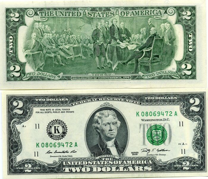 Бона 2 доллара 2009г K США