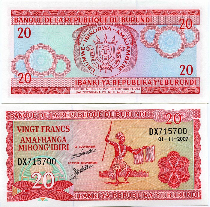 Бона 20 франков 2007г Бурунди