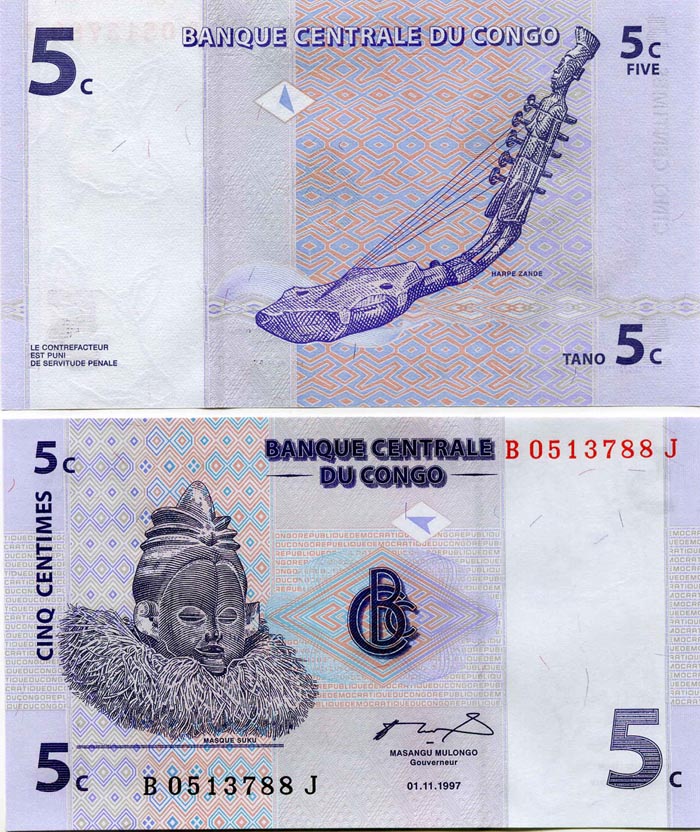 Бона 5 цент 1997г ДР Конго