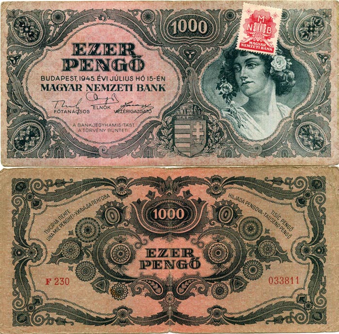 Бона 1000 пенго 1945г с маркой Венгрия