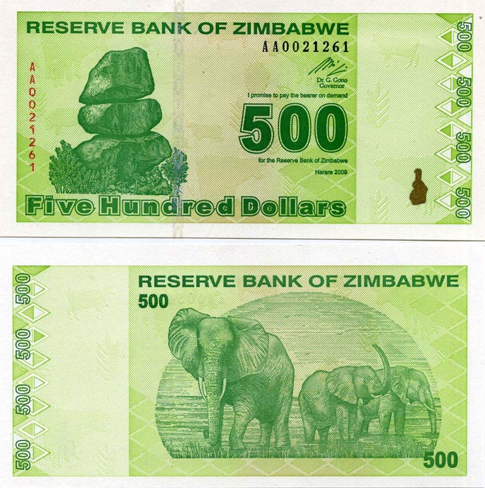 Бона 500 долларов 2009г Зимбабве
