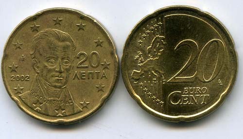 Монета 20 евроцентов 2002г Греция