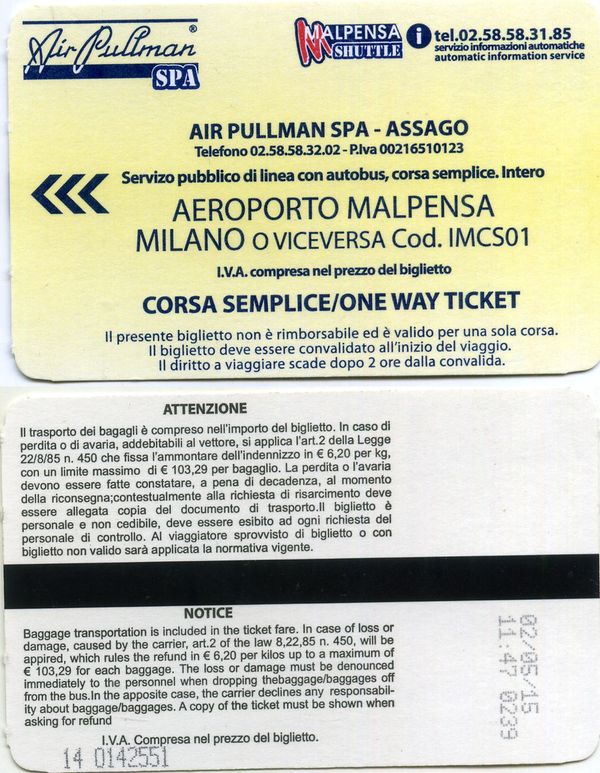 Карточка транспортная аэропорт Мальпенза 2015г Италия