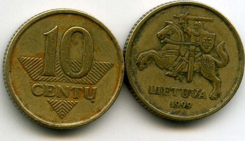 Монета 10 сенти 1999г Литва