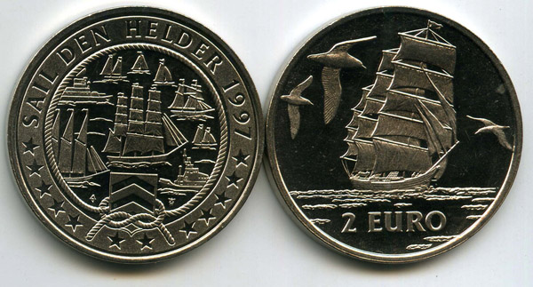 Монета 2 евро 1997г корабль и 3 чайки Нидерланды