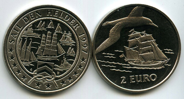 Монета 2 евро 1997г корабль и чайка Нидерланды