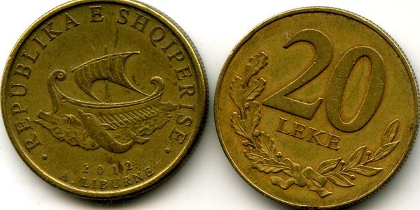 Монета 20 лек 2012г Албания