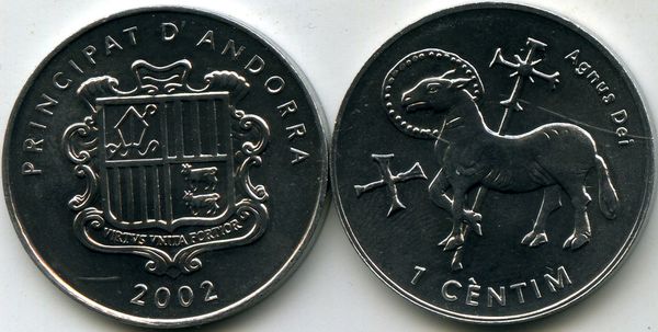 Монета 1 сентимес 2002г агнец божий Андорра