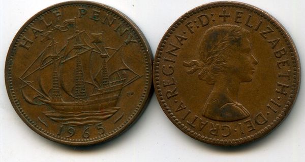 Монета 1/2 пенни 1965г Англия