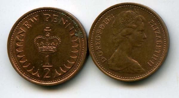 Монета 1/2 нового пенни 1974г Англия