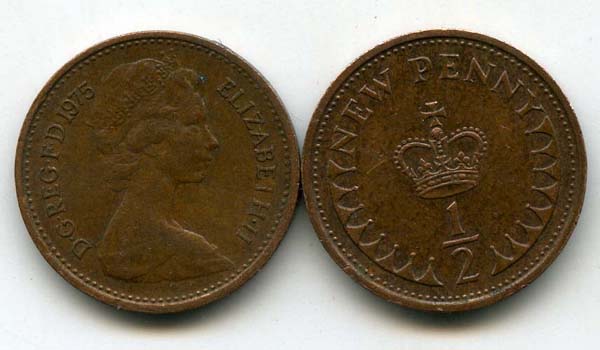 Монета 1/2 нового пенни 1975г Англия