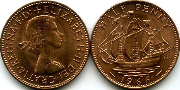 Монета 1/2 пенни 1966г Англия