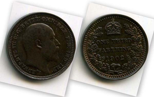 Монета 1/3 фартинга 1902г Великобритания