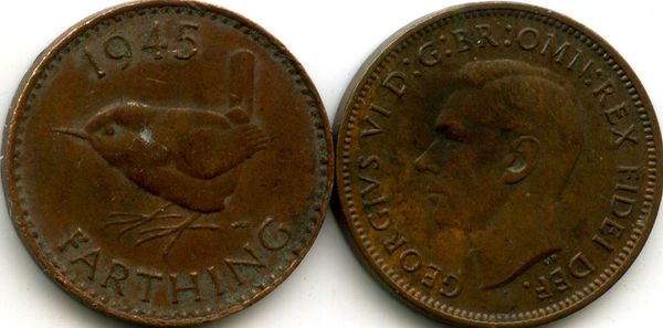Монета 1 фартинг (1/4 пенни) 1945г Великобритания