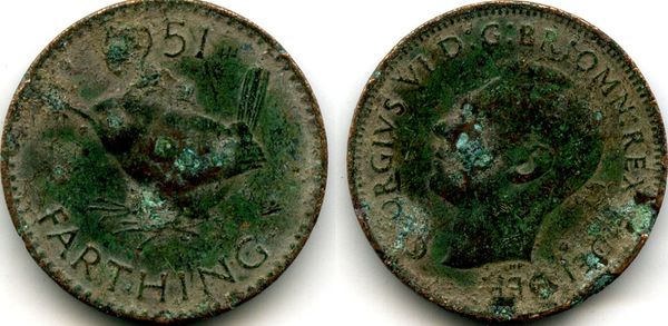Монета 1 фартинг (1/4 пенни) 1951г Великобритания