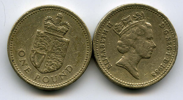 Монета 1 фунт 1988г корона на щиту Великобритания