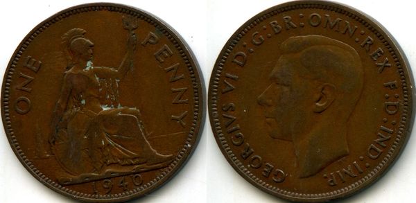 Монета 1 пенни 1940г Великобритания
