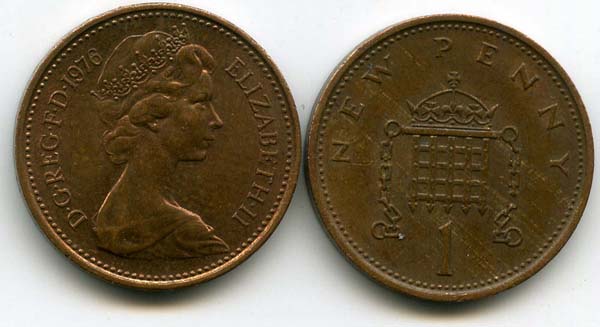 Монета 1 пенни 1976г Англия