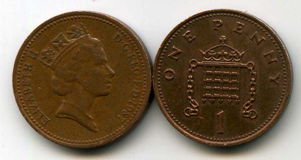 Монета 1 пенни 1987г Англия