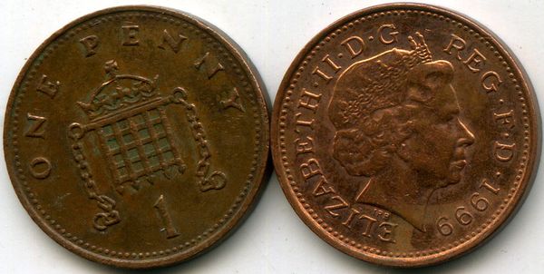 Монета 1 пенни 1999г Англия
