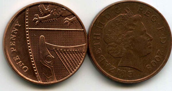 Монета 1 пенни 2008г нт Англия
