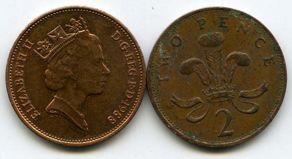 Монета 2 пенса 1988г Англия
