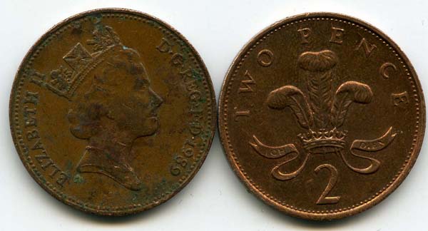 Монета 2 пенса 1989г Англия