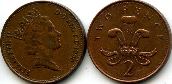 Монета 2 пенса 1990г Англия