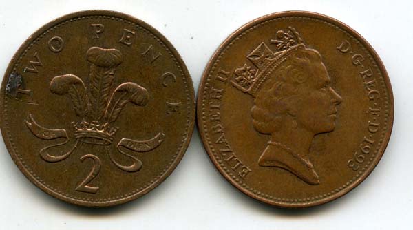 Монета 2 пенса 1993г Англия