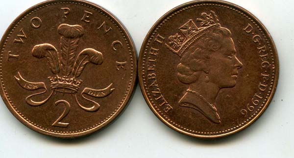 Монета 2 пенса 1996г Англия