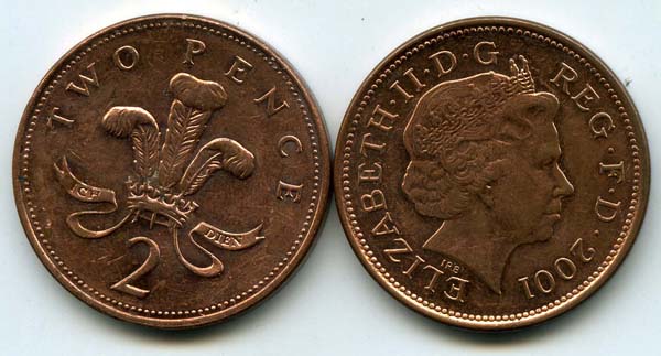 Монета 2 пенса 2001г Англия
