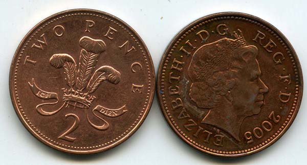Монета 2 пенса 2005г Англия