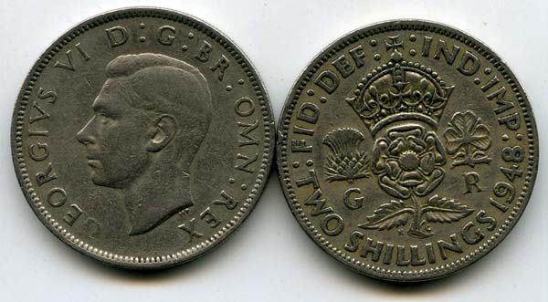 Монета 2 шиллинга 1948г Англия