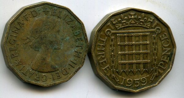 Монета 3 пенса 1959г Англия