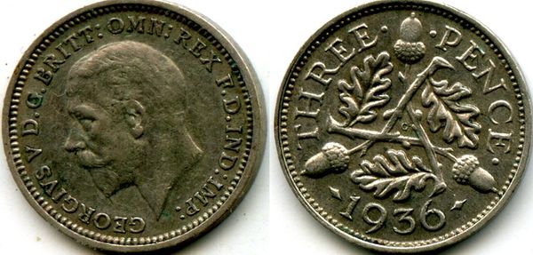 Монета 3 пенса 1936г серебро Англия