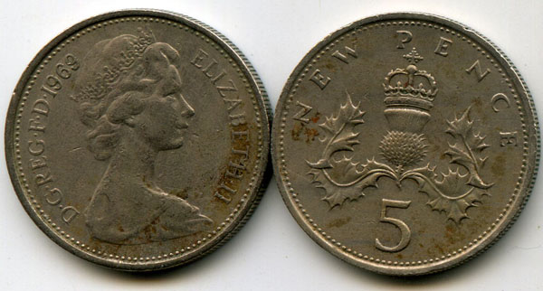 Монета 5 пенсов 1969г Англия