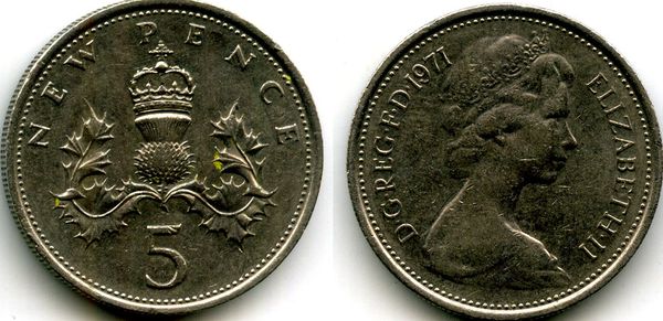 Монета 5 пенсов 1971г Англия