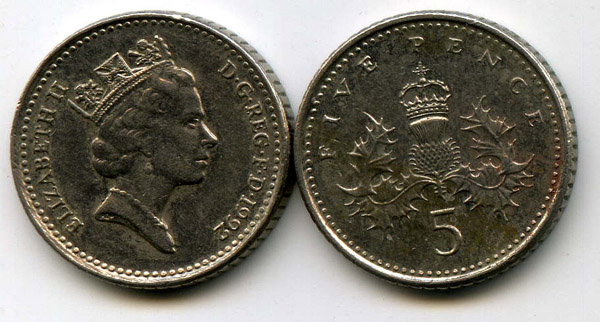 Монета 5 пенсов 1992г Англия