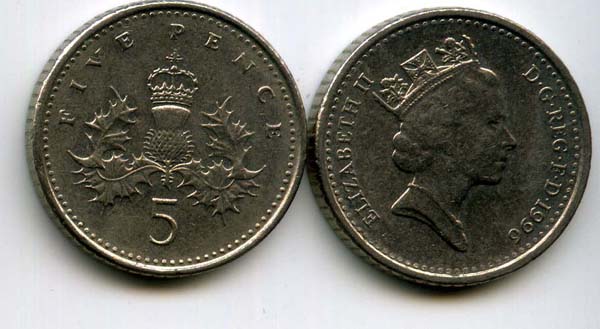 Монета 5 пенсов 1996г Англия