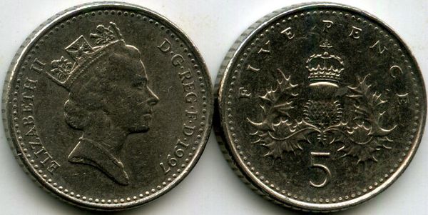Монета 5 пенсов 1997г Англия
